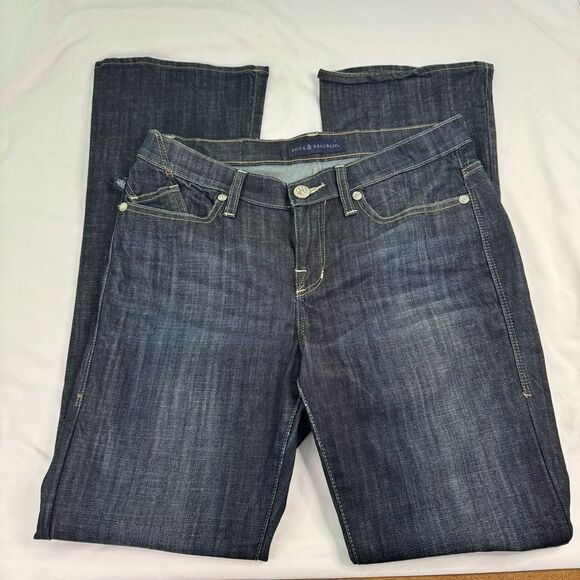 Rock & Republic Jean Kasandra Size 10 Dark Wash Bootcut Mid Rise Y2K Whiskering - Picture 1 of 8